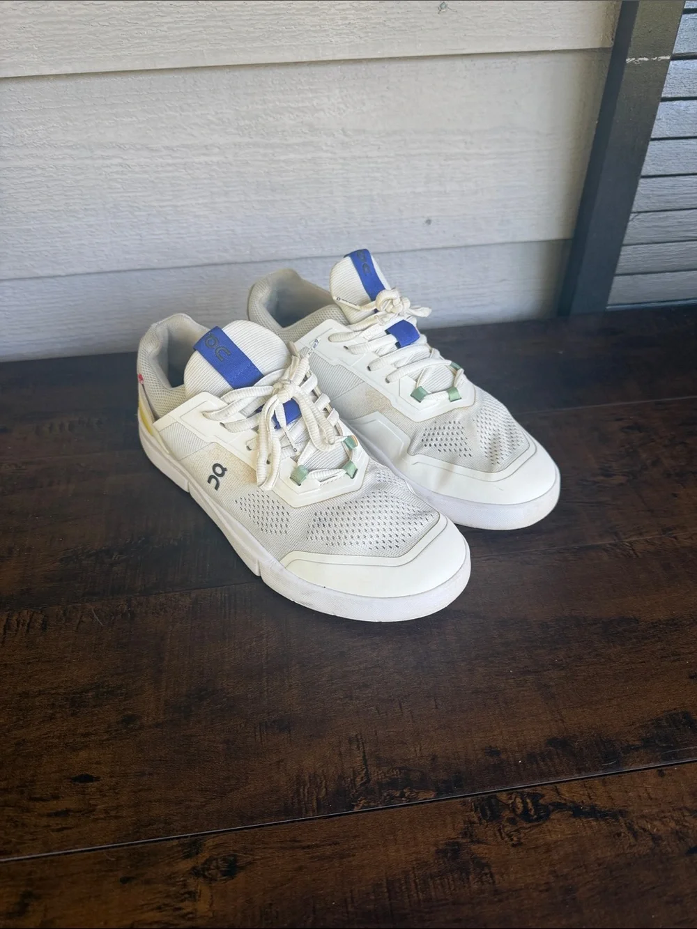 On Running Men's White Sneakers with Blue and Green Accents